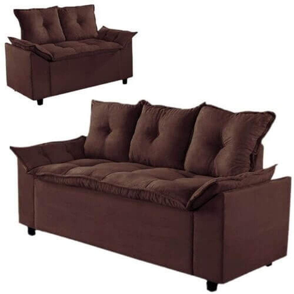 Conjunto Sofá Liones com 2 e 3 Lugares Almofadas Soltas e Tecido Suede Cor Marrom