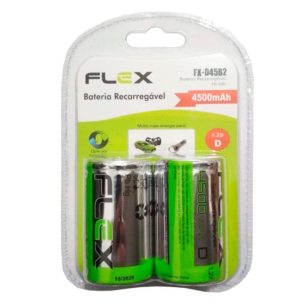 Pilha Recarregável Flex Tipo D Grande 4500mAh Lr20 com 2 Unidades no Blister FX-D45B2