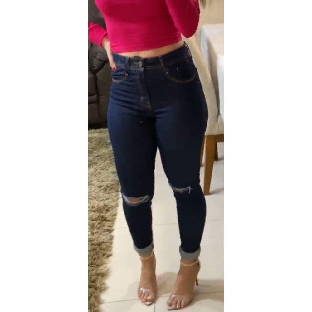 Calça Feminina Jeans Skinny Preta Cós Alto Com Det 3 Pespontos Com Bainha