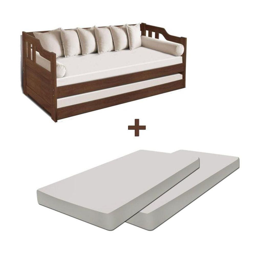 Sofá Cama Madeira Maciça Com Auxiliar + 2 Colchões Atraente Imbuia