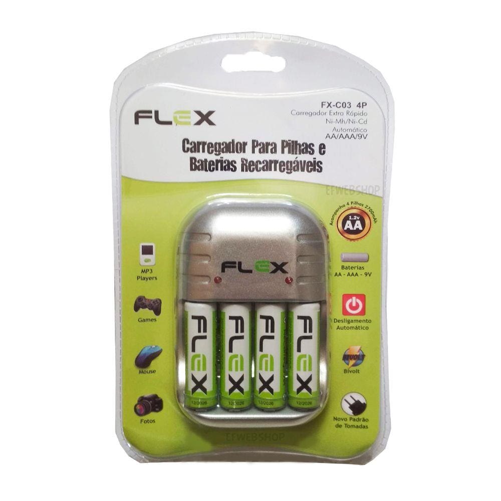 Carregador de Pilhas Flex com 4 pilhas AA 2700mAh Recarregáveis Desligamento Automático e Led FX-C03