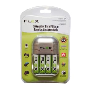 Carregador de Pilhas Flex com 4 pilhas AA 2700mAh Recarregáveis Desligamento Automático e Led FX-C03