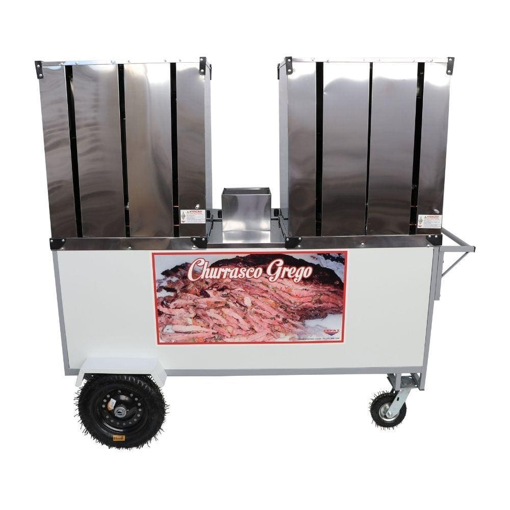 Carrinho de Churrasco Grego Duplo com Rodas Pneumáticas e Toldo