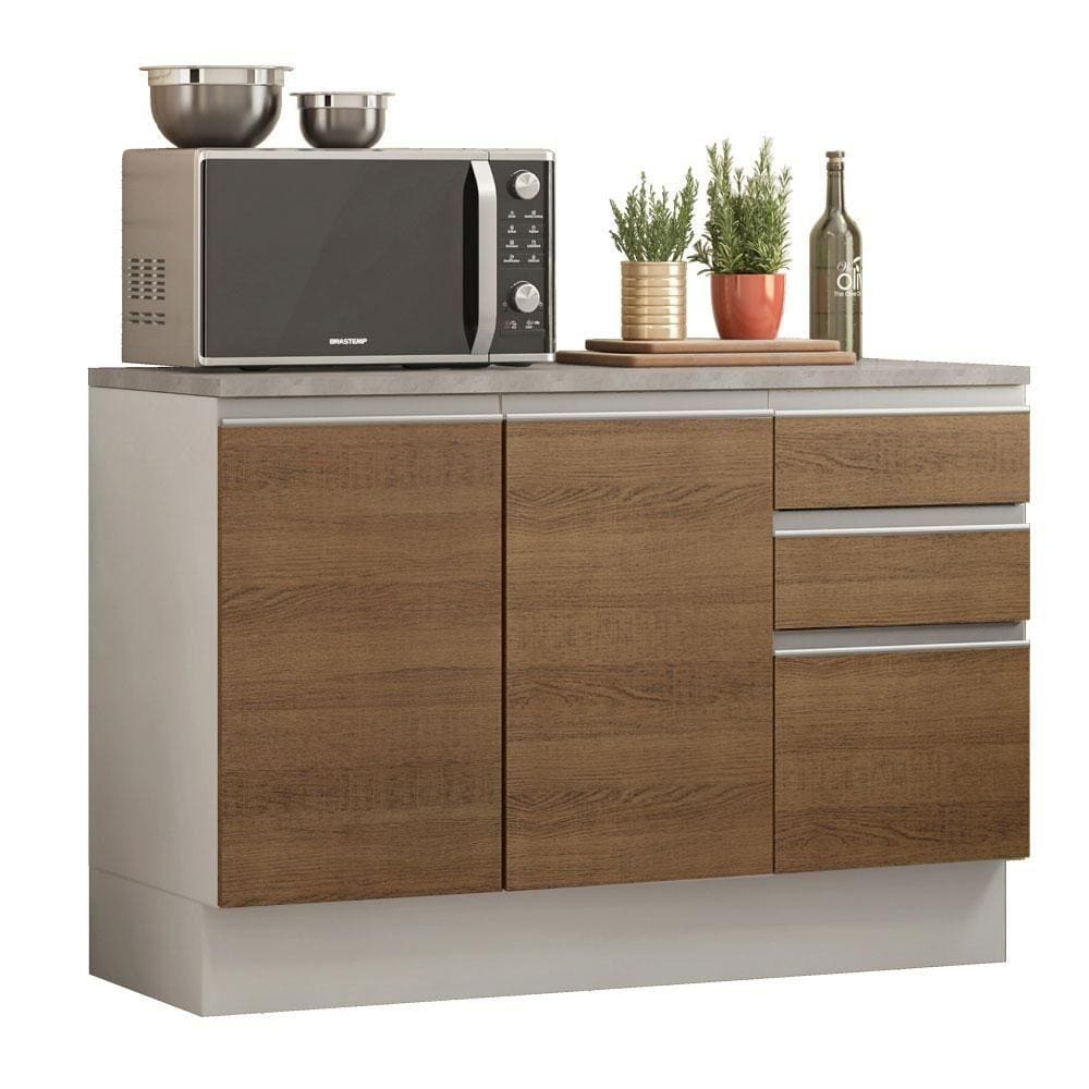 Balcão de Pia Madesa Glamy 120 cm 2 Portas e 3 Gavetas (Com Tampo) - Branco/Rustic