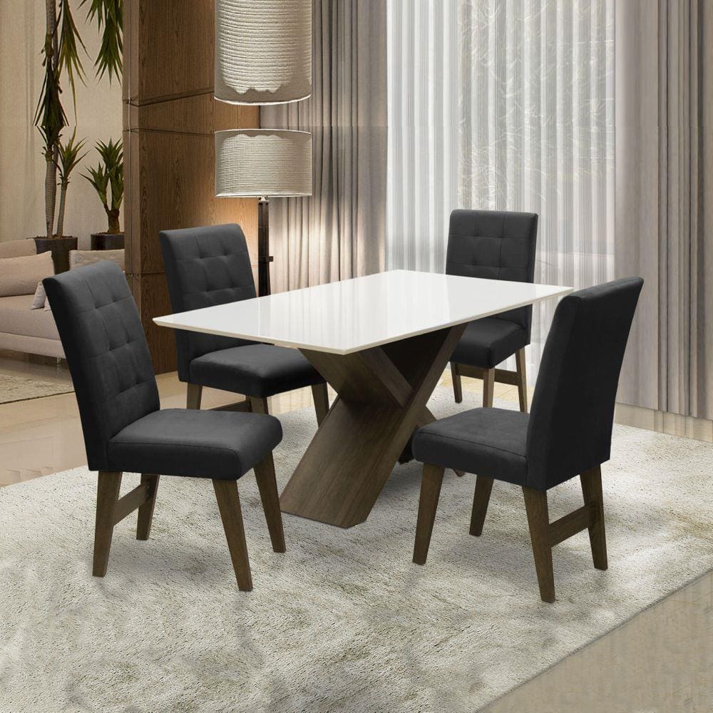 Conjunto De Mesa Para Sala de Jantar Off White Dubai 1,35m MDF com 4 Cadeiras Castanho / Preto