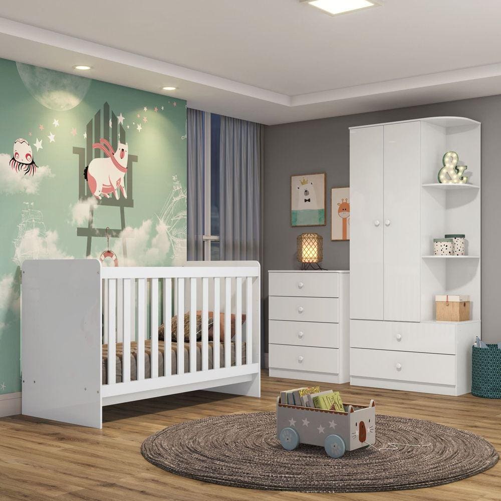 Quarto de Bebê Berço Guarda-Roupa e Cômoda Sonho Encantado Espresso Móveis Branco Espresso Móveis