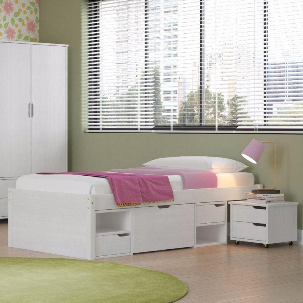 Cama Solteiro com 3 Gavetas e 1 Mesa de Cabeceira Charme Inter Link Branco Lavado