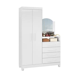 Guarda Roupas Solteiro com 2 Portas com Cômoda 4 Gavetas e Espelho Capri Branco / Preto / Azul / Rosa