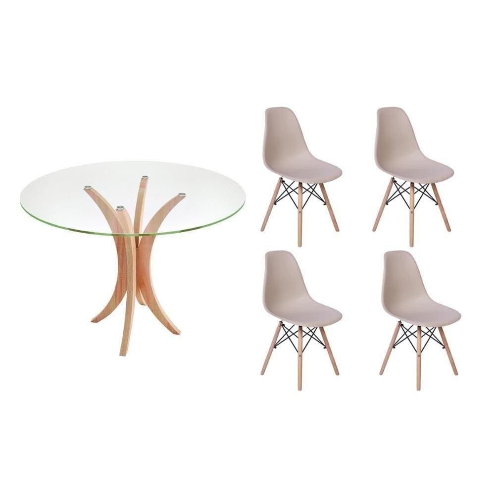 Kit Mesa de Jantar 90cm Tampo de Vidro com 4 Cadeiras Nude