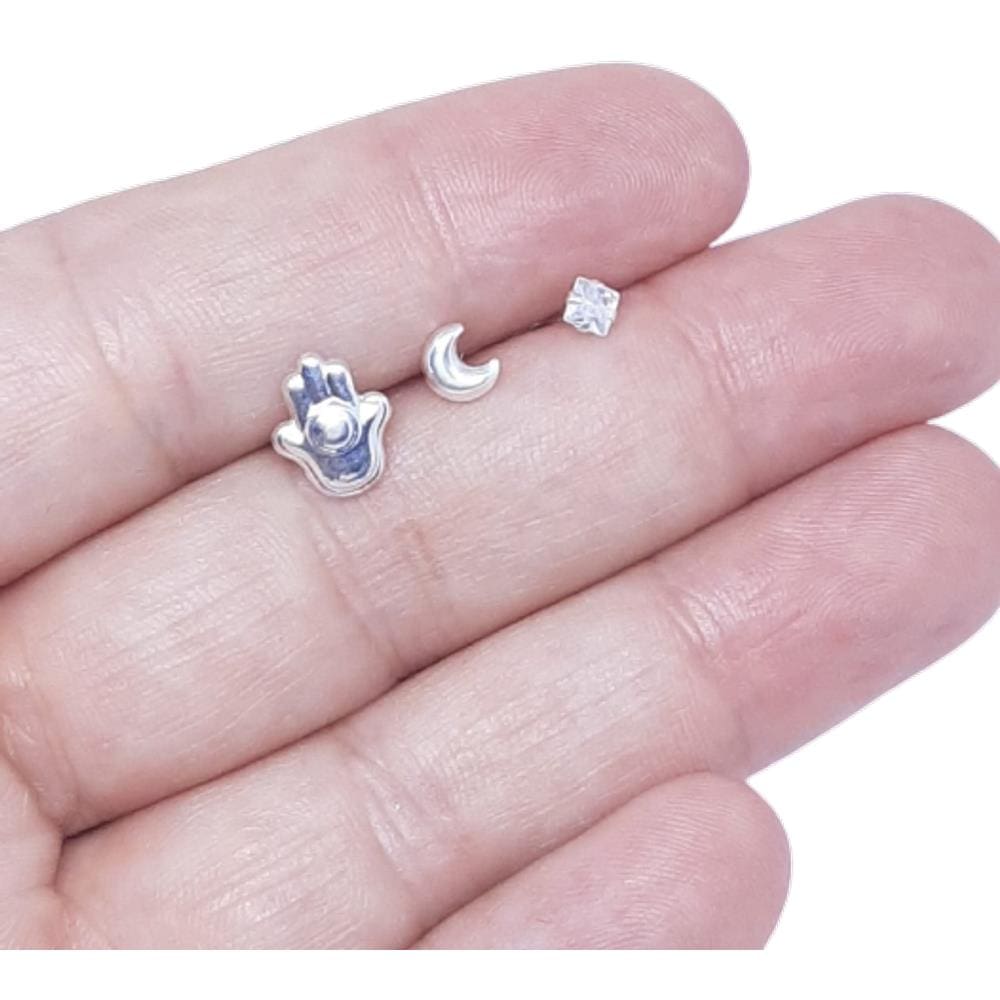 Kit 3 Pares de Brinco Prata 925, Mão de Fátima, Lua e Zircônia 3mm
