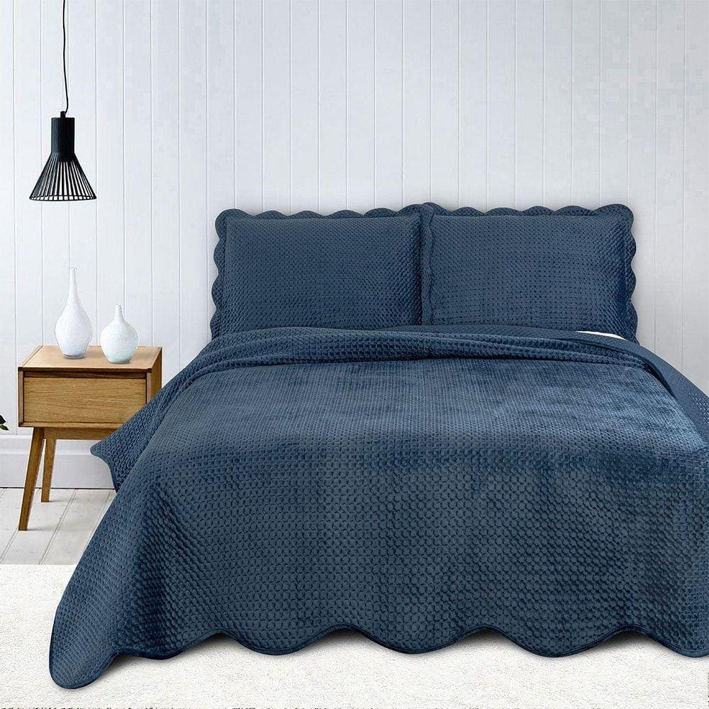Colcha Velvet Veludo Queen Size Porta Travesseiros Marinho