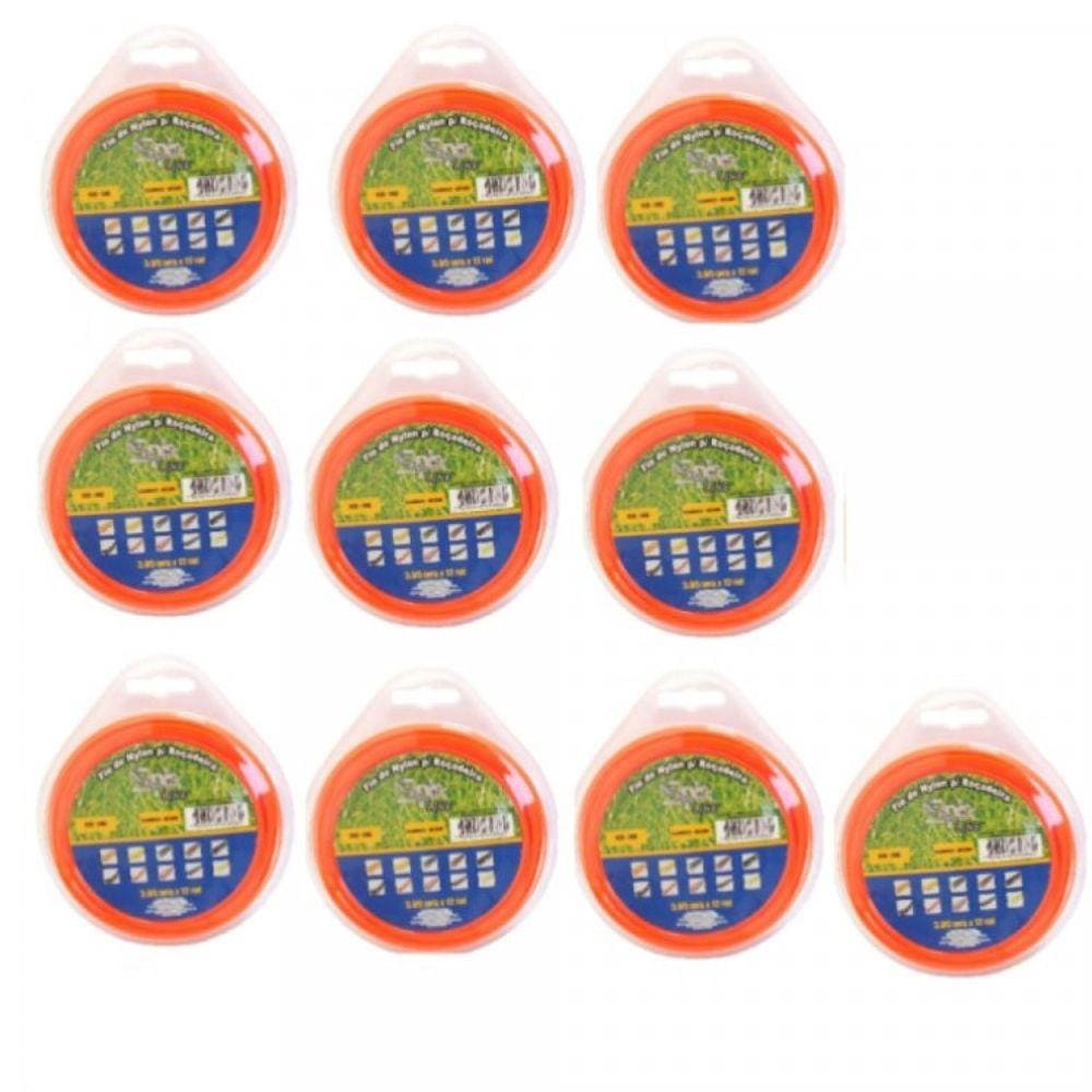 Kit com 10 Blister fio de Nylon 12 Metros 3,00 mm Quadrado para Roçadeira Spin Line Vulcan Trent Laranja