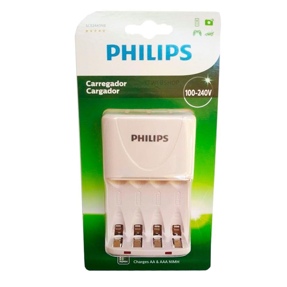 Carregador de Pilhas Philips AA AAA SCB2440NB Desligamento Automático Led Bivolt Inmetro