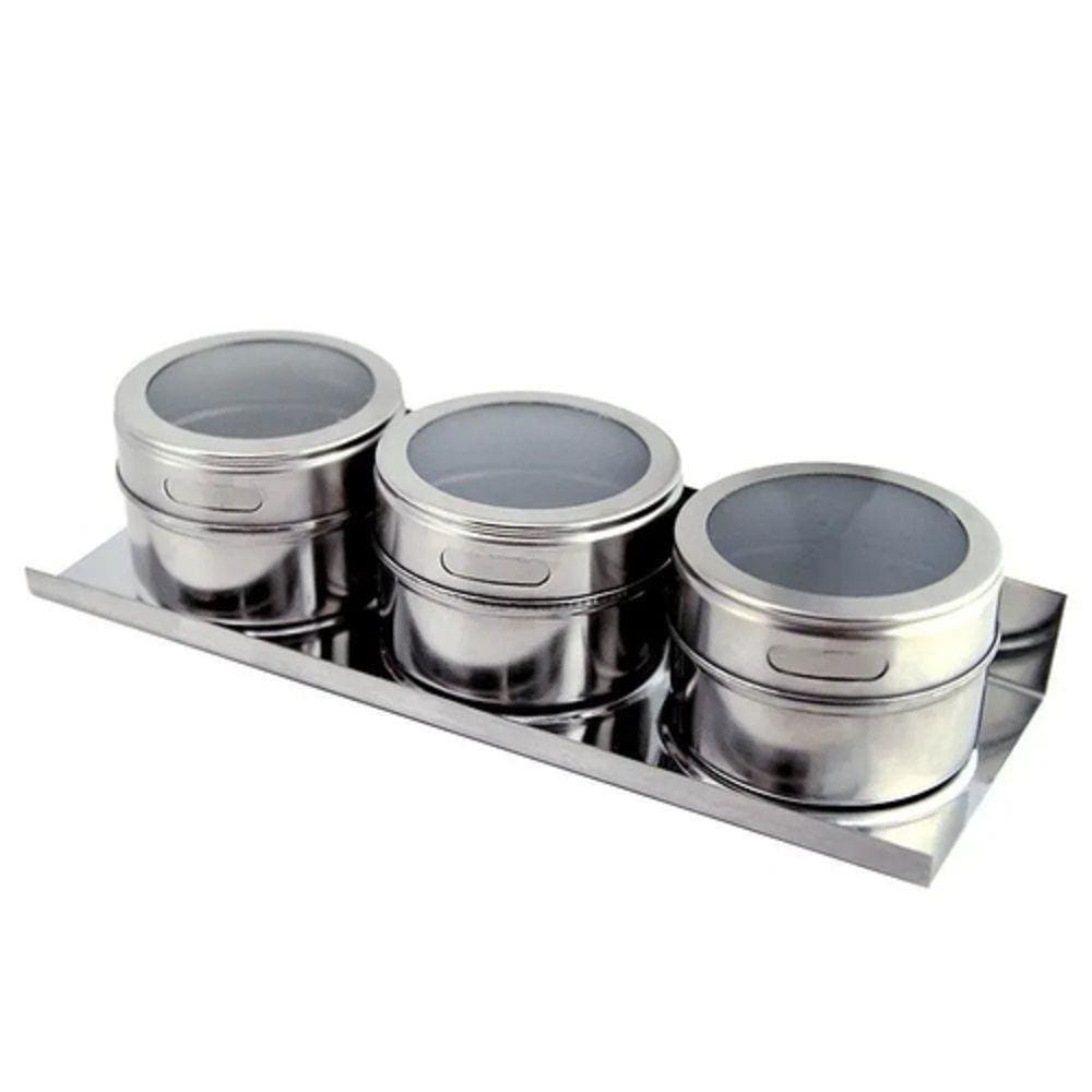 Kit 3 Porta Condimentos Magnéticos Potes Imã Base Inox Tempero Armazenar Visor Acrílico Chef Cozinha