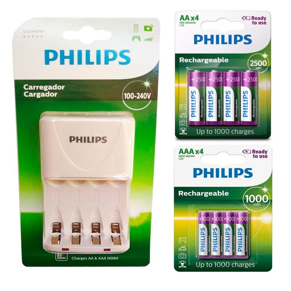 Carregador Philips com 4 Pilhas Aa 2500 mais 4 Pilhas Aaa 1000 Palito Recarregáveis RTU Bivolt Inmetro