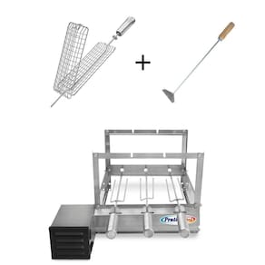 Kit Grill Inox Churrasqueira com 3 Espetos Tridente + Espeto Grelha Espalhador Carvão - Pratic Metal