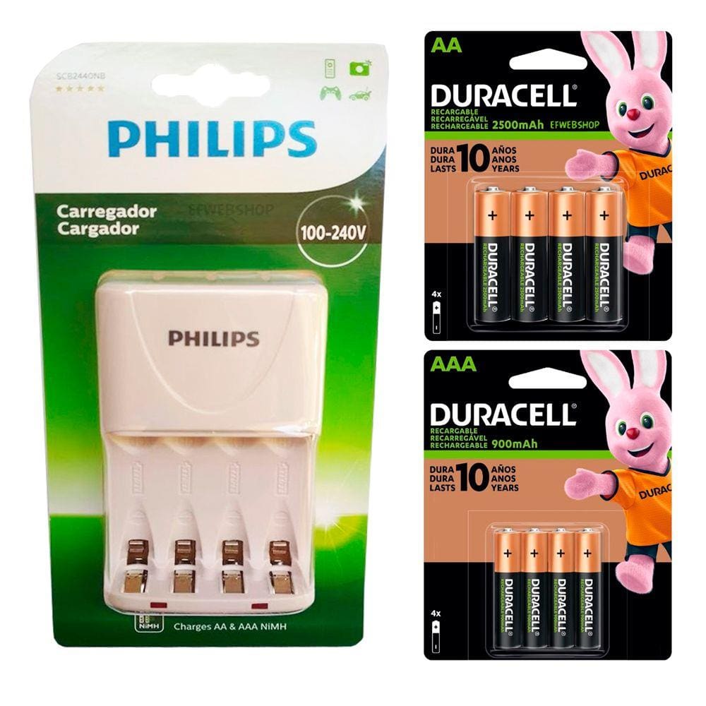 Carregador Philips com 4 Pilhas Aa 2500 Duracell e 4 AAA 900 Palito Recarregáveis RTU Bivolt Inmetro