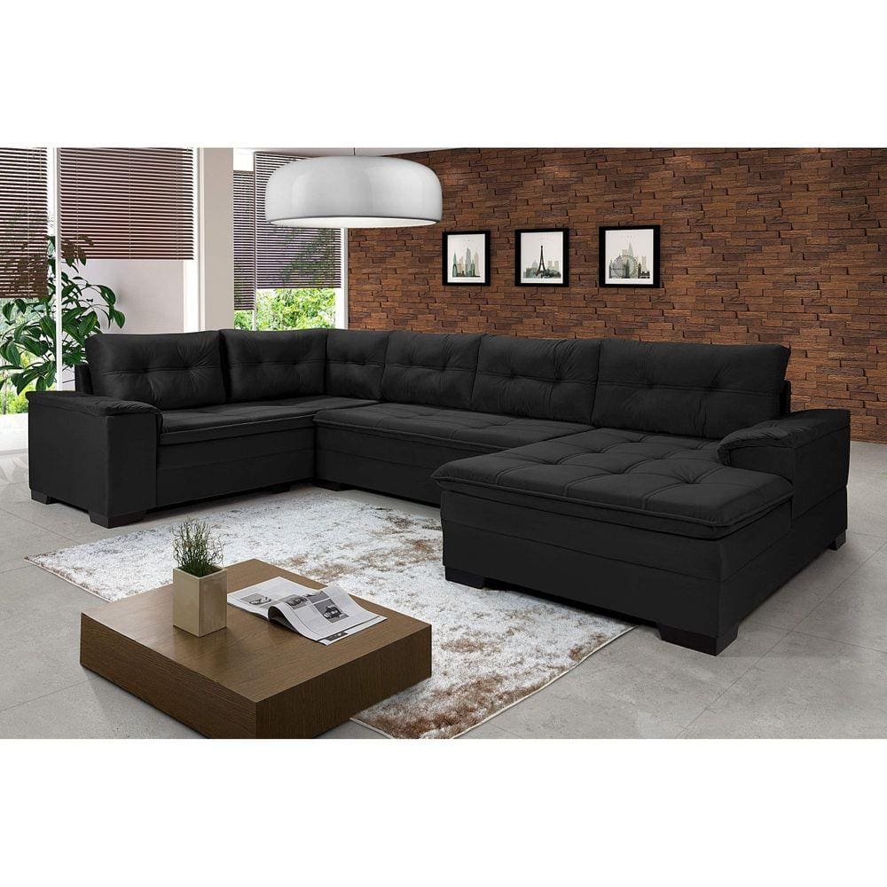 Sofá de Canto 6 Lugares Com Chaise Suede Aveludado Viena Império Estofados Preto