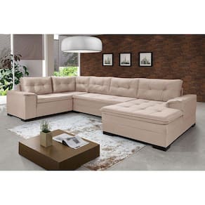 Sofá de Canto 6 Lugares Com Chaise Suede Aveludado Viena Império Estofados Areia