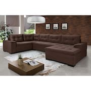 Sofá de Canto 6 Lugares Com Chaise Suede Aveludado Viena Império Estofados Marrom