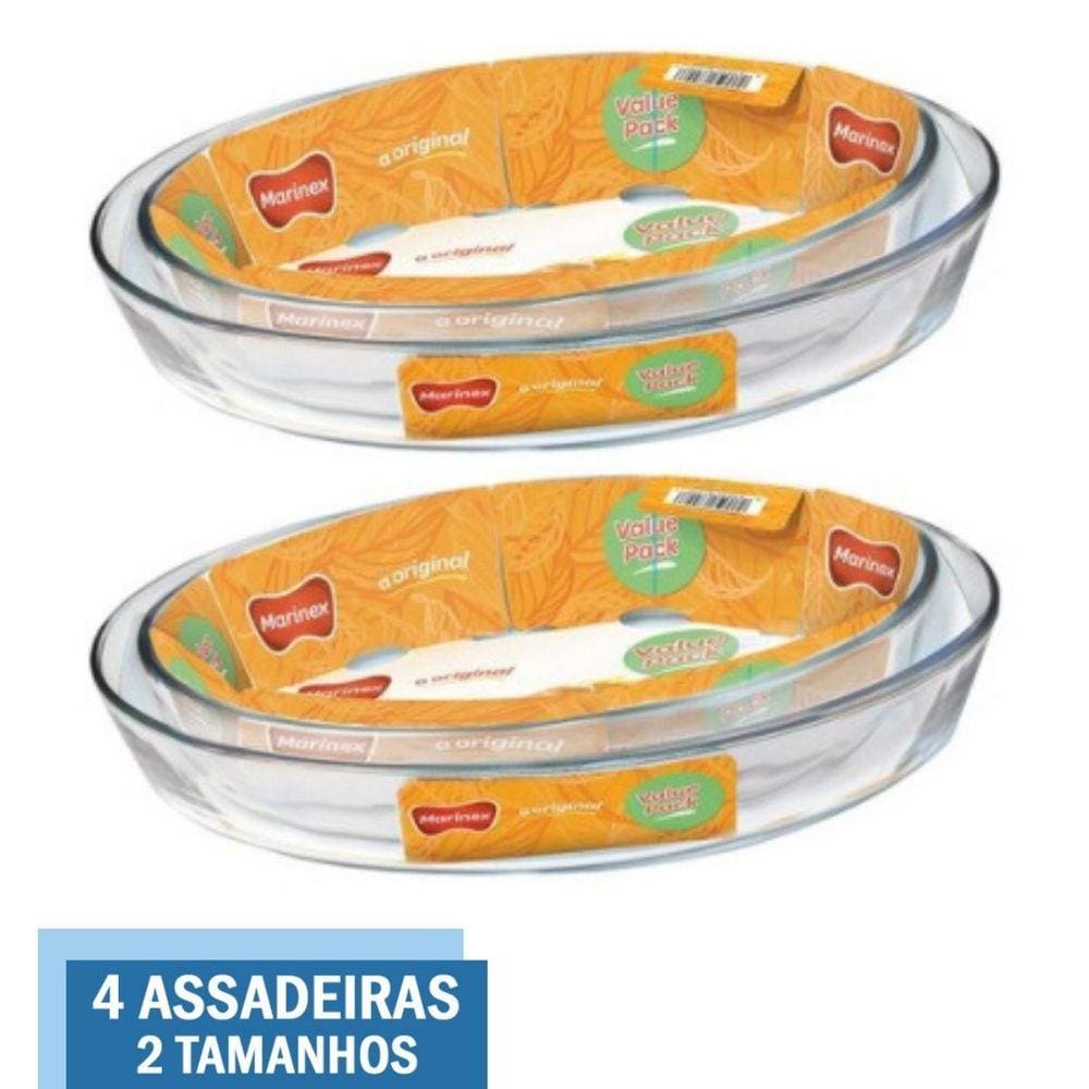 Kit 4 Assadeiras Travessa Vai ao Forno Vidro 3,2L 4L Marinex