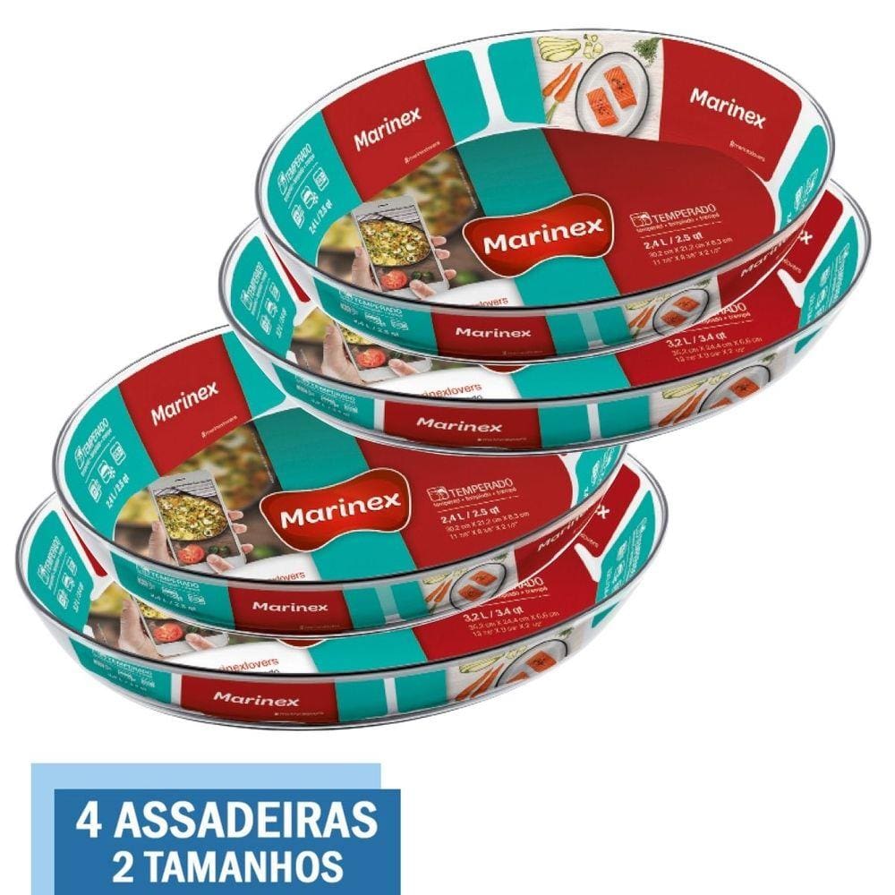 Kit 4 Assadeiras Travessa Oval Vidro 2,4L 3,2L Nadir Marinex