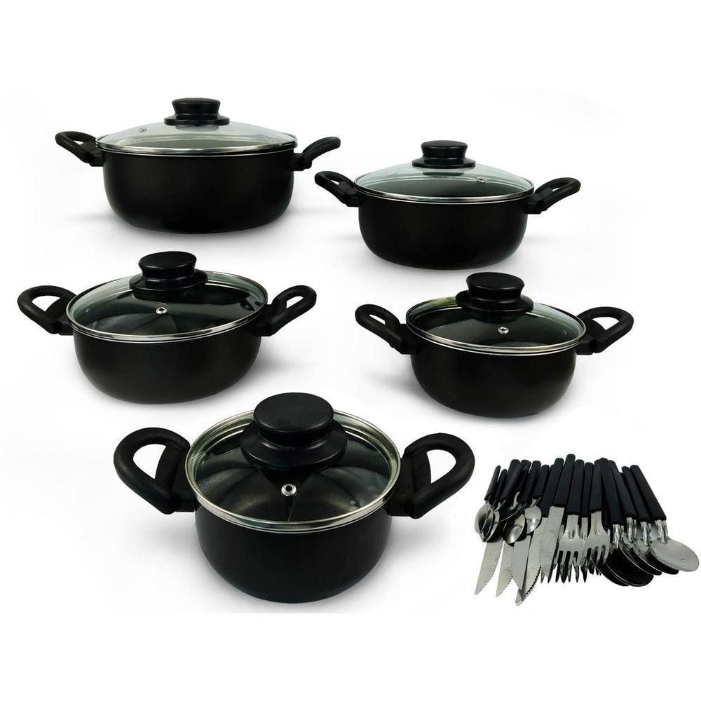 Conjunto Caçarola 5 Peças Antiaderente Tampa Vidro Talheres