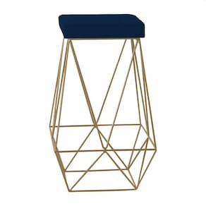 Banqueta Decorativa Kathy Base Gold Veludo Azul Gran Belo