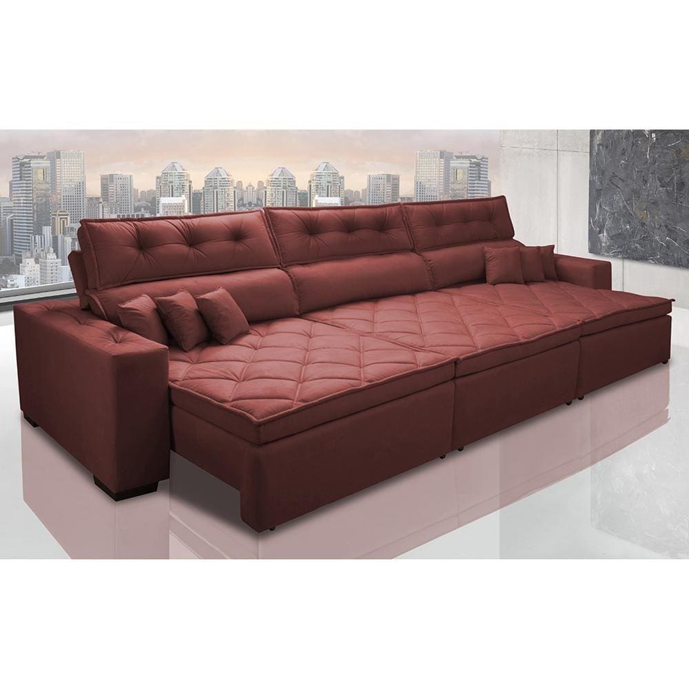 Sofá Austin 3,22m Retrátil, Reclinável com Molas no Assento e Almofadas, Tecido Suede Vermelho