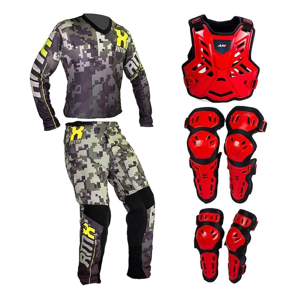 Conjunto Roupa Proteção Amx Classic Verde Neon Camuflado Vermelho / Preto