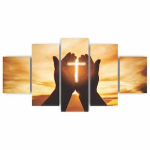 Kit Quadros  Religioso Mãos Ao Senhor Por Do Sol Sala Quarto