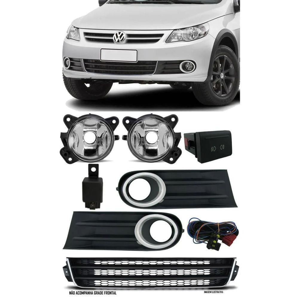 Kit Farol De Milha Neblina Vw Gol Voyage Saveiro G5 2009 / 2010 / 2011 / 2012 / 2013 + Moldura Cromada + Friso Da Grade