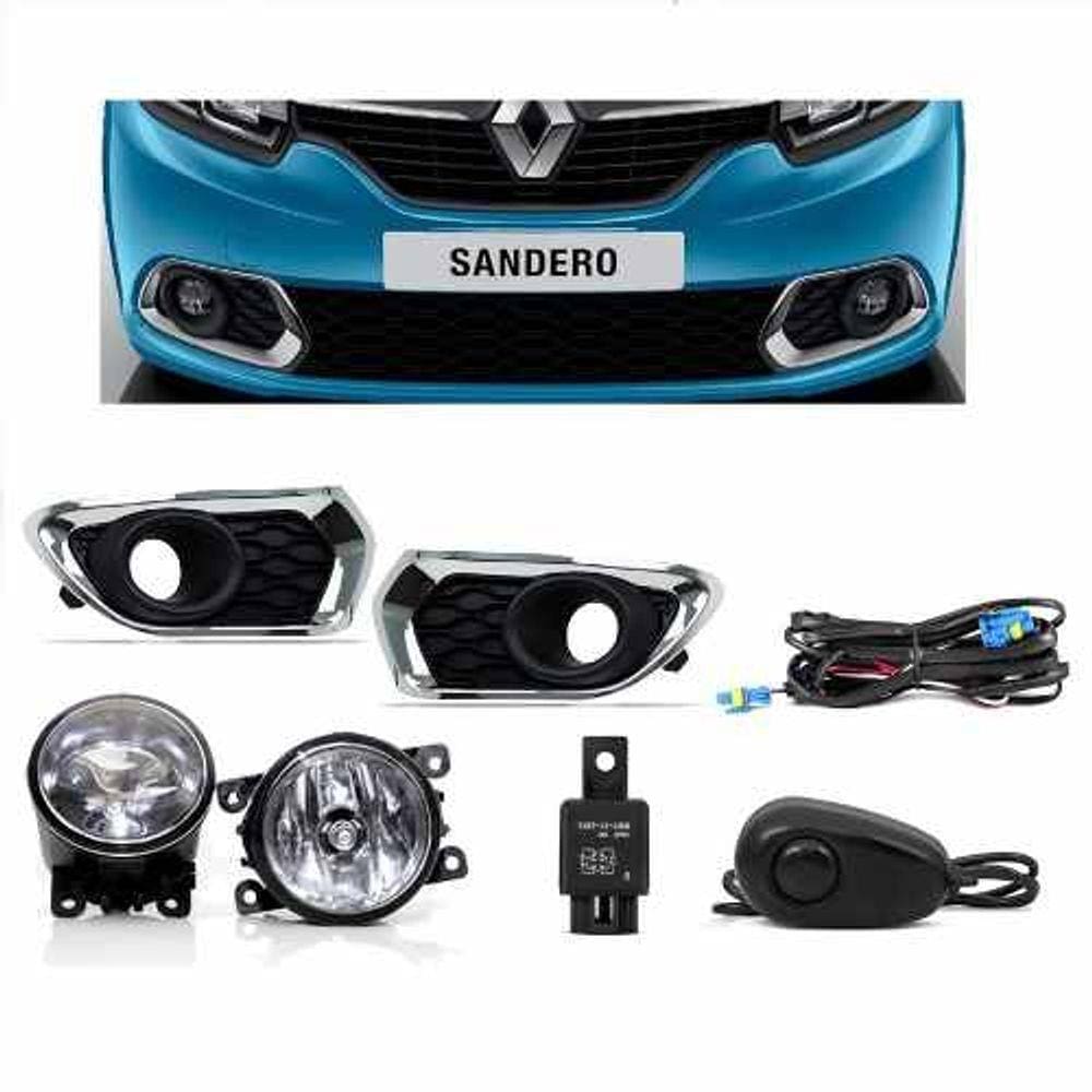 Kit Farol de Milha Neblina Renault Sandero 2015 2016 2017 Interruptor Alternativo + Molduras Cromadas