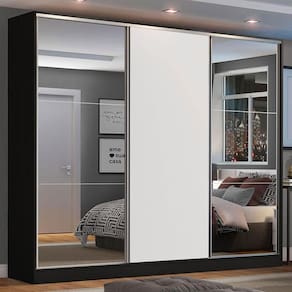 Guarda Roupa Casal 100% MDF Madesa Zurique 3 Portas de Correr com Espelhos - Preto/Branco