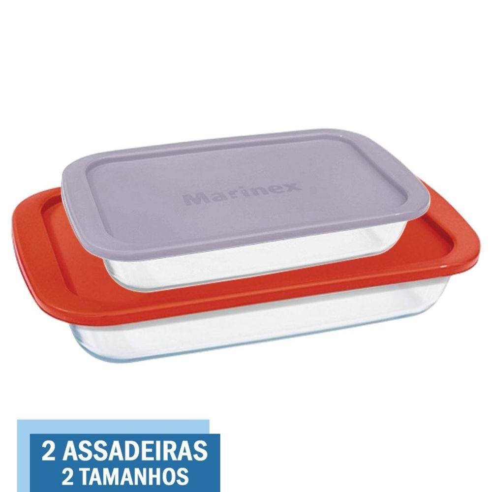 2 Assadeiras Vidro Retangular Com Tampa 2 Tamanhos Marinex