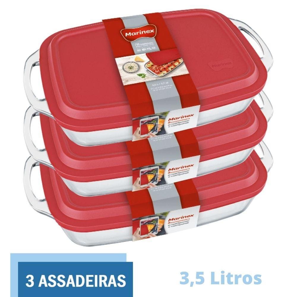 Assadeira Alta Retangular Vidro C Tampa  3,5L Marinex - 3 Un