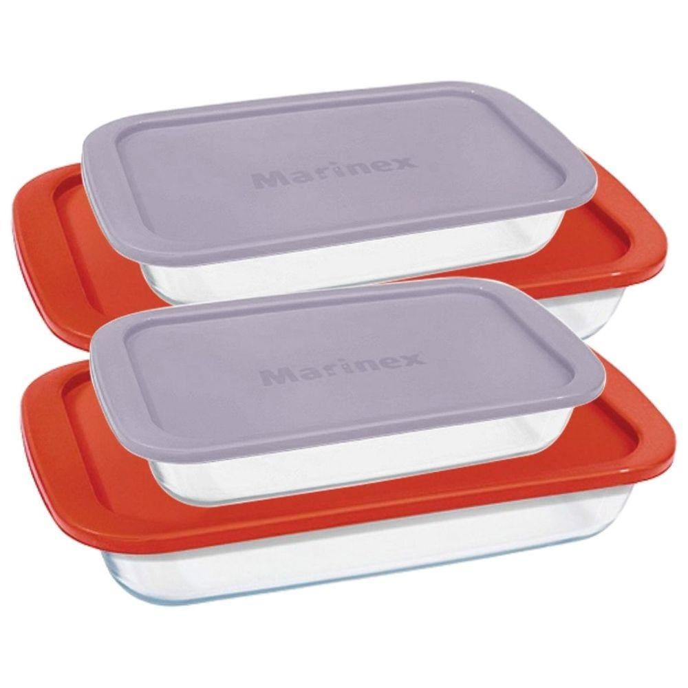 4 Assadeiras Vidro Retangular Com Tampa 2 Tamanhos Marinex