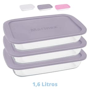 3 Assadeiras Travessas Vidro C Tampa 1,6L Retangular Marinex