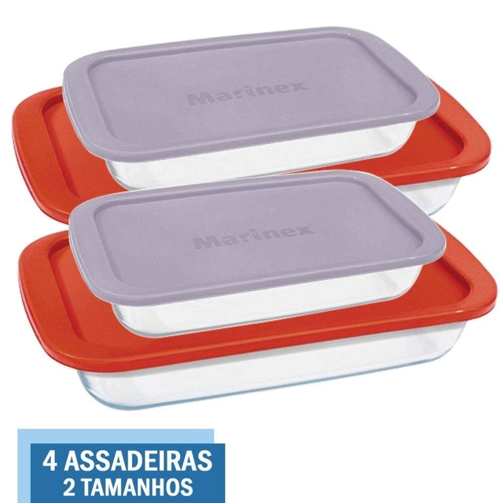 Kit 4 Assadeiras Retangular Vidro C Tampa 1,6L 2,9L Marinex