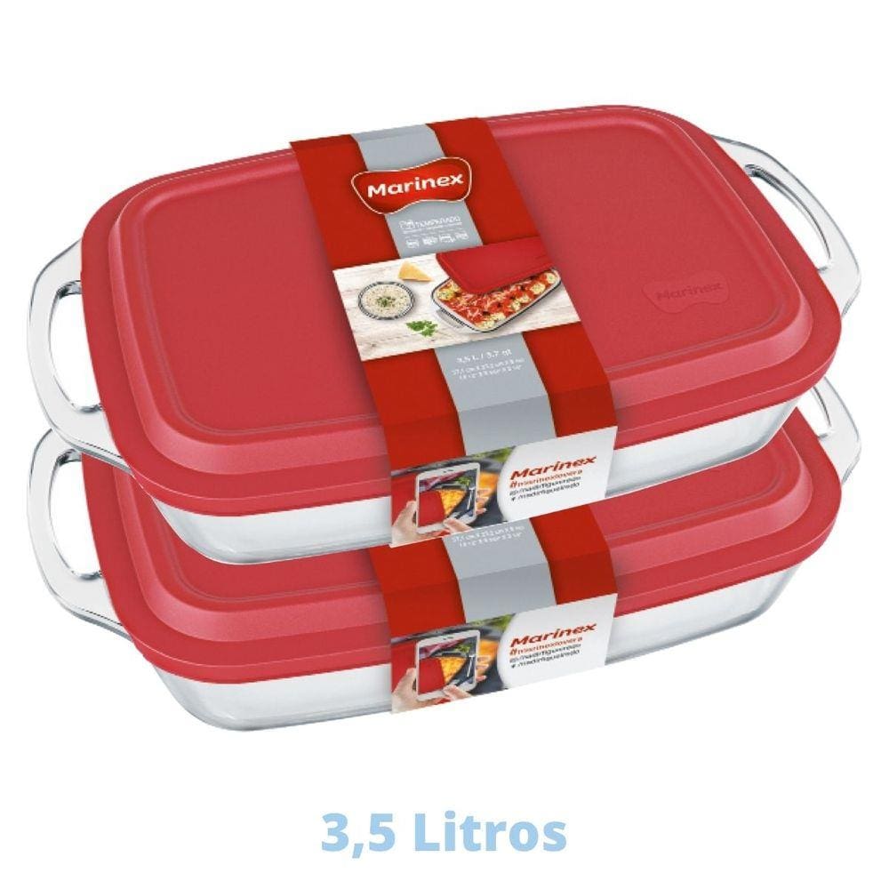 2 Assadeiras Com Tampa Seletta 3,5L Retangular Vidro Marinex