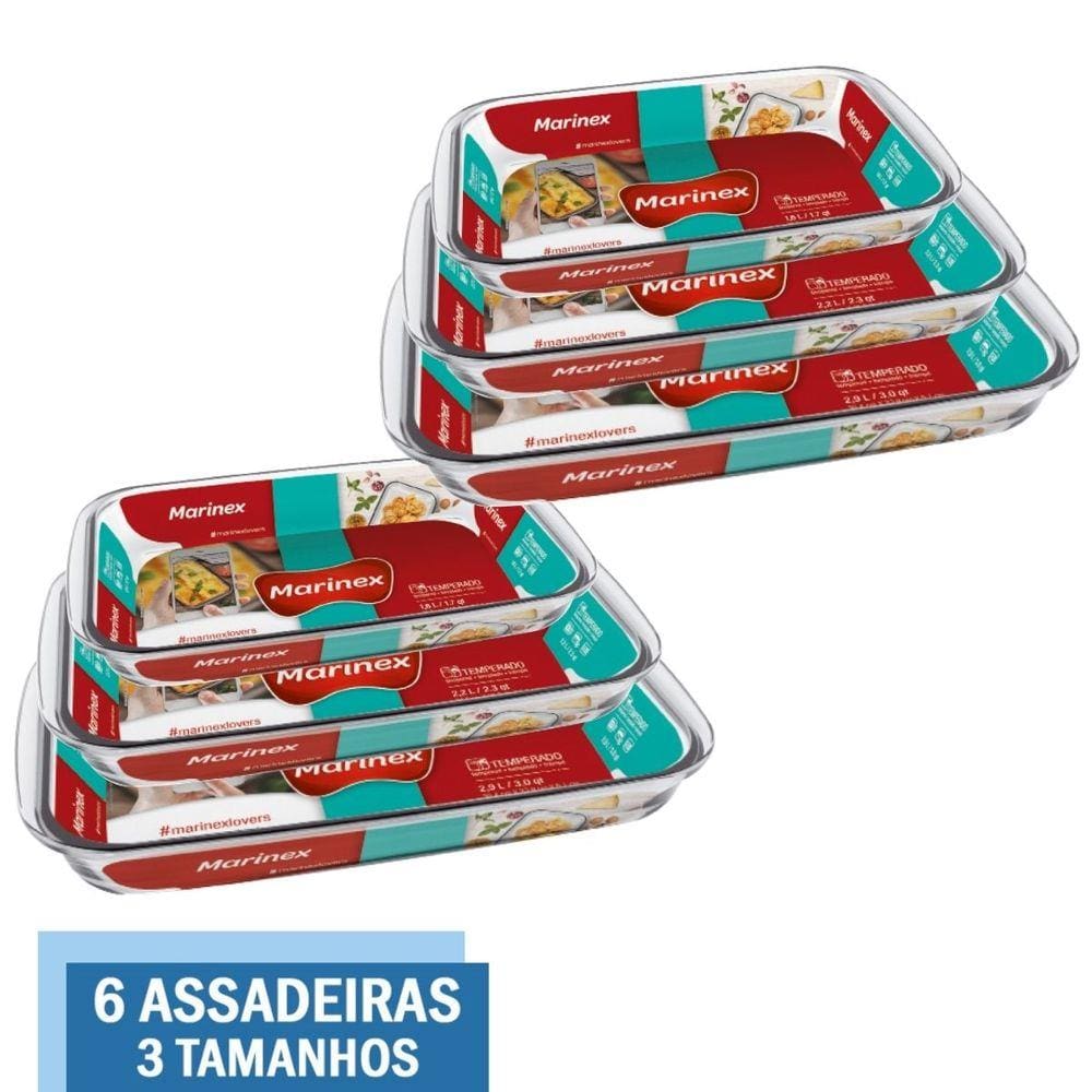 Kit 6 Assadeiras Retangulares Vidro 1,6L 2,2L 2,9L Marinex