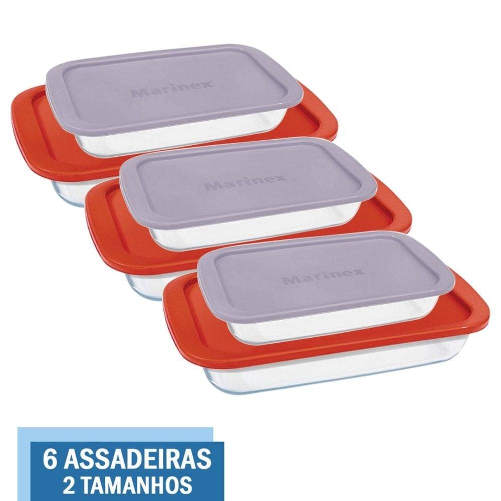 Kit 6 Assadeiras Retangular Vidro C Tampa 1,6L 2,9L Marinex