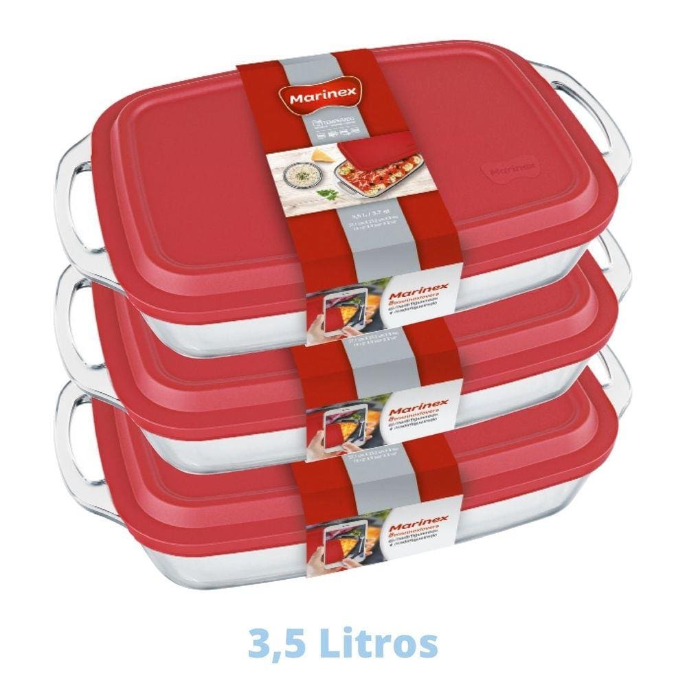 3 Assadeiras Com Tampa Seletta 3,5L Retangular Vidro Marinex