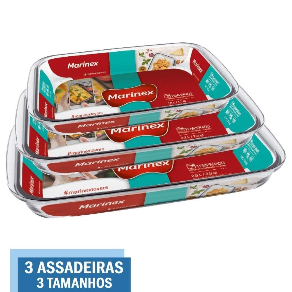 Kit 3 Assadeiras Retangulares Vidro 1,6L 2,2L 2,9L Marinex