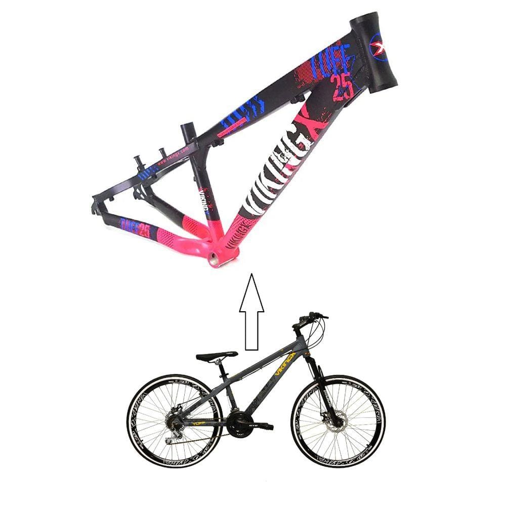 Bicicleta Aro 26 Vikingx Tuff Rosa com Azul X25 21v Alumínio Freeride Freio a Disco Aros Vmaxx Pretos