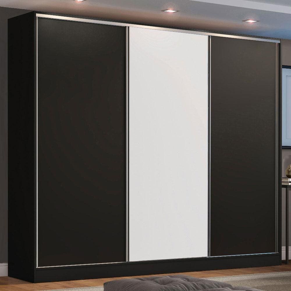 Guarda Roupa Casal 100% MDF Madesa Zurique 3 Portas de Correr - Preto/Preto/Branco
