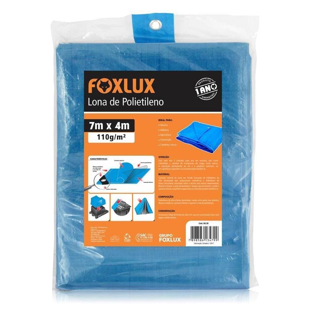 Lona Plástica Azul Foxlux com Ilhos Cantos Reforçados 7mx4m