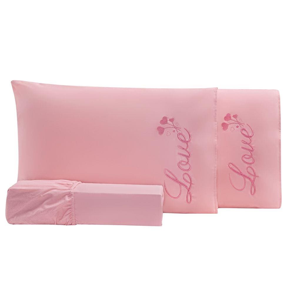Jogo de Cama Bordado Love Rosê Queen 03 Peças - Percal 140 Fios