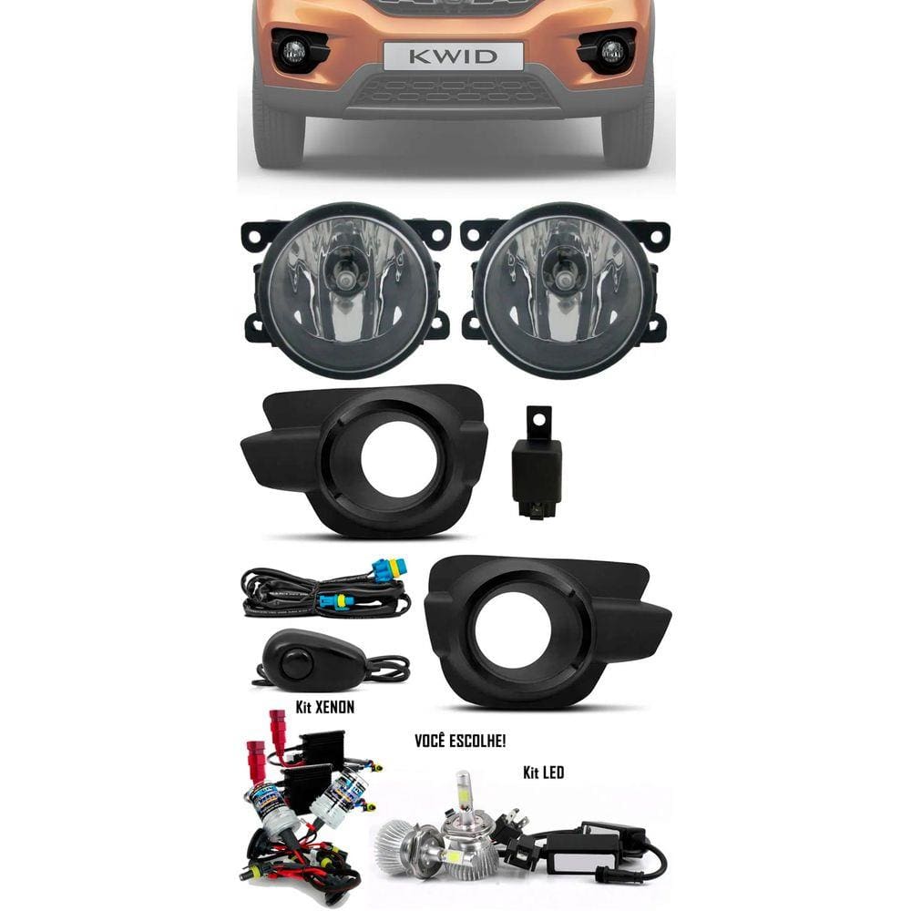 Kit Farol de Milha Neblina Renault Kwid Todos Com Molduras + Kit Xenon 6000K / 8000K ou Kit Lâmpada Super LED 6000K