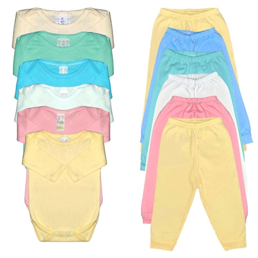 Kit Roupa de Bebê 12 Peças - Body Manga Longa e Mijão Sem Pé - 100% Algodão